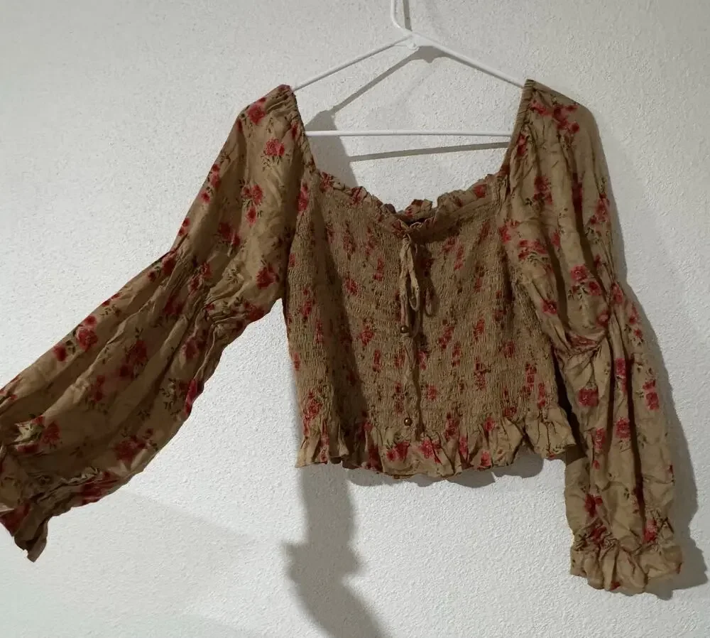 Angie Boho Floral Smocked Crop Top Cottagecore Balloon Sleeve Large